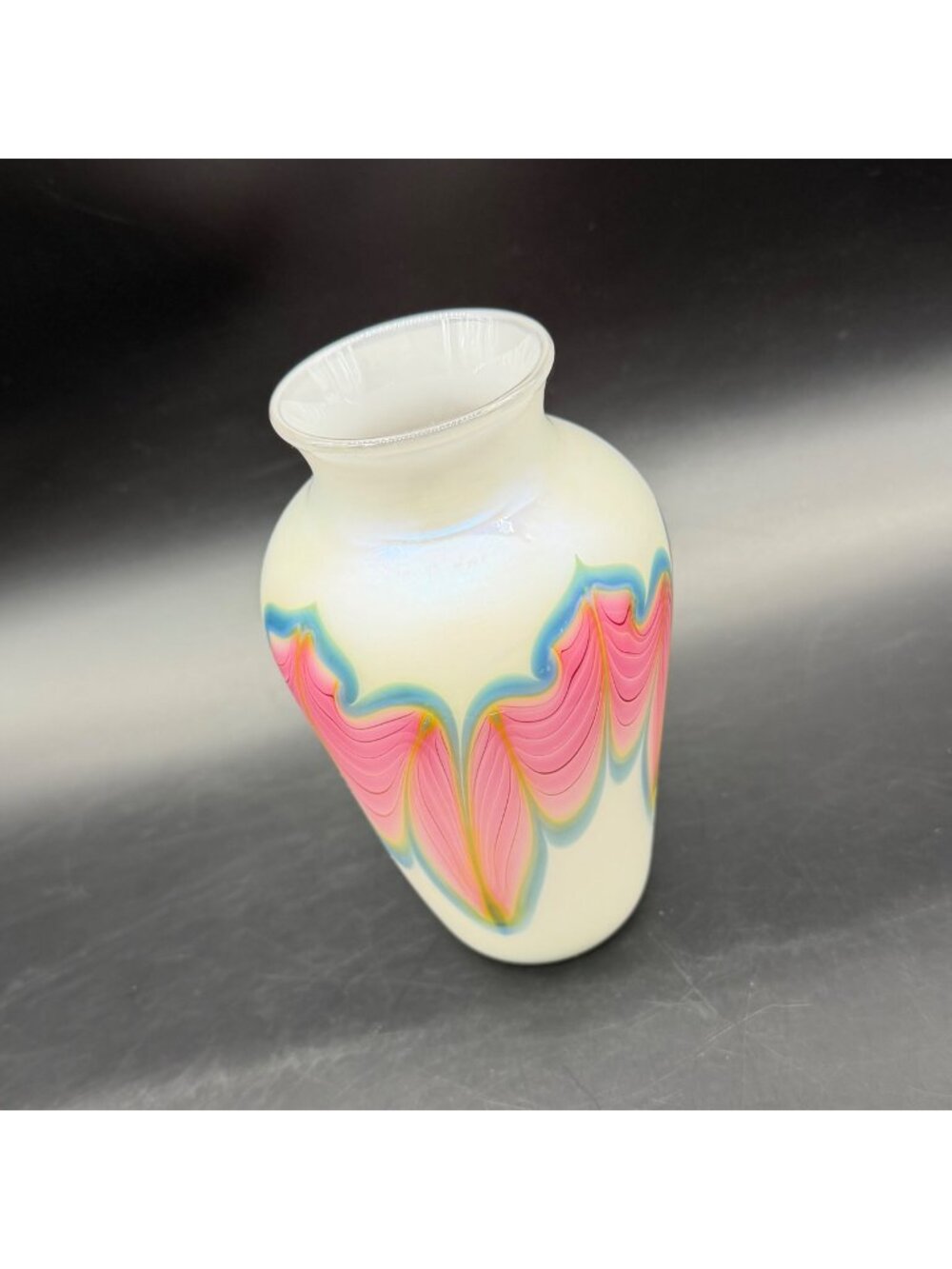 Zellique Vase Signed Joseph Morel 1989 Iridescent Art Glass Pink Blue White